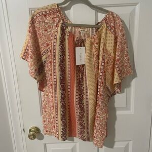 Como Blu large top orange yellow white print peasant style cool touch fabric nwt
